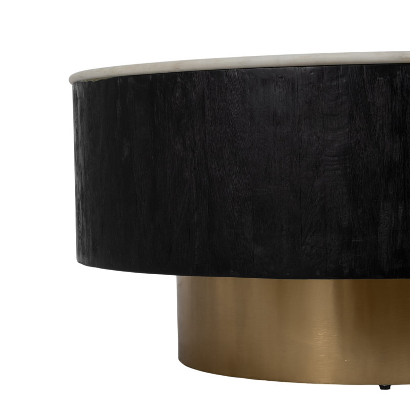Round Coffee Table with White Marble Top and Black Wood Base, Living Room Table with Gold Metal Accent, Modern Coffee Table, 34"