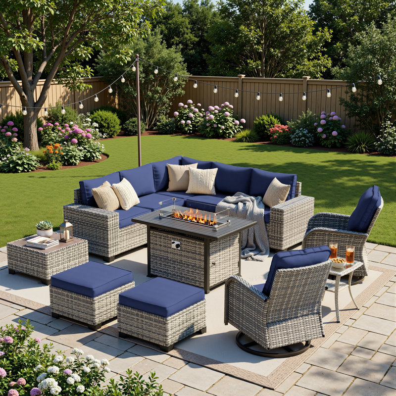 Ensemble de conversation modulaire d'extérieur 12 pièces avec table de foyer, chaises berçantes pivotantes et repose-pieds 12 pièces