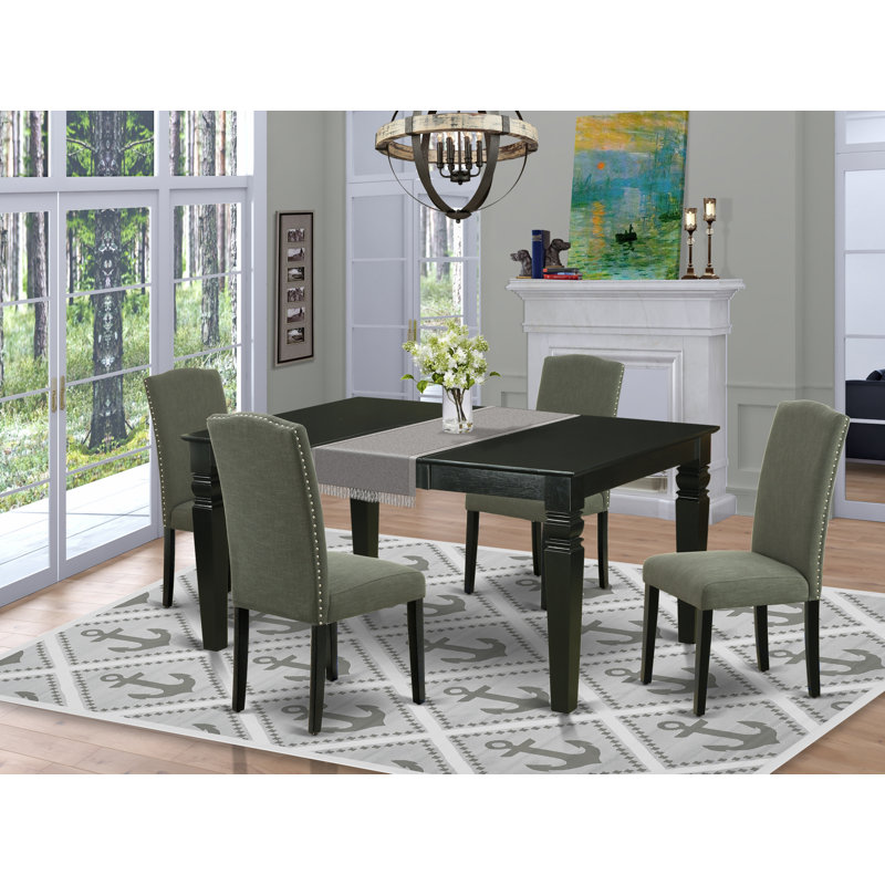 5 Piece Kitchen Table Set Includes a Rectangle Dining Table with Butterfly Leaf and 4 Dark Gotham Linen Fabric Upholstered Chairs, Black