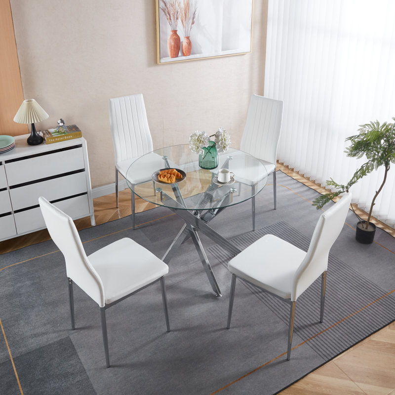 Ensemble de salle à manger 1 + 4,5 pièces, table de salle à manger de style Mid-Century pour 4 à 6 personnes avec plateau en verre, table de salle à manger à piédestal, table basse de loisirs.
