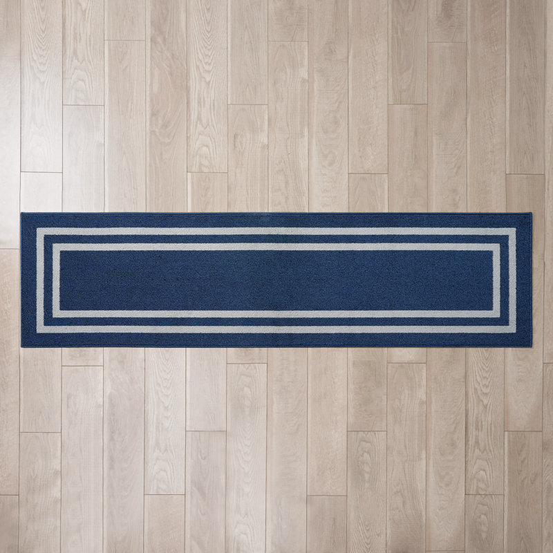 Double Border Machine Tufted Performance Dark Gray/White Rug, Rectangle 2'2" x 8'