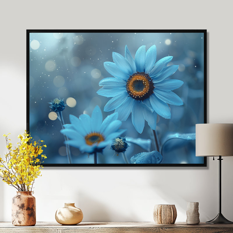 Nirvana monochromes bleu tournesols I - tournesols, art mural salon, Toile avec cadre flottant noir