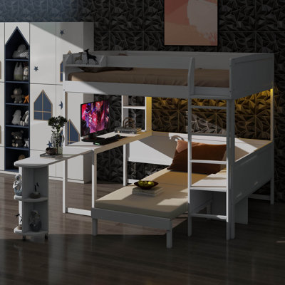 Full-Size Wooden Loft Bed, Features Desk, Bedside Storage, Couch, And Lighting Setup