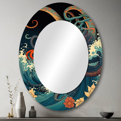 Paysage japonais avec pieuvre V - miroir mural traditionnel ovale