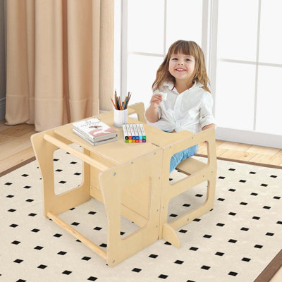 Tour de cuisine pliable 3-en-1 pour tout-petits avec table de lavage tableau noir Costway