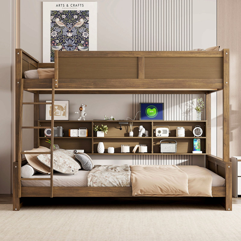 Lit superposé avec armoires de rangement et ports USB, Bois