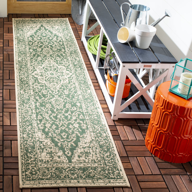 Tapis d'intérieur / extérieur vert / crème de style oriental Danya, Tapis de couloir 2 pi 2 po x 8 pi