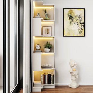 Support de bibliothèque d'angle à 5 niveaux en forme de L pour économiser de l'espace, utilisant des zones mortes dans votre maison, pour différentes pièces, avec lumières à DEL, en panneau de particules