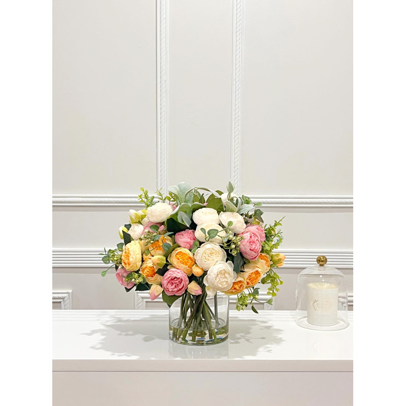 17 Inch Multicolor Real Touch Rose and Silk Peony Centerpiece in Clear Glass Vase, Yellow Pink White Faux Floral Arrangement for Dining Table and Wedding Decor