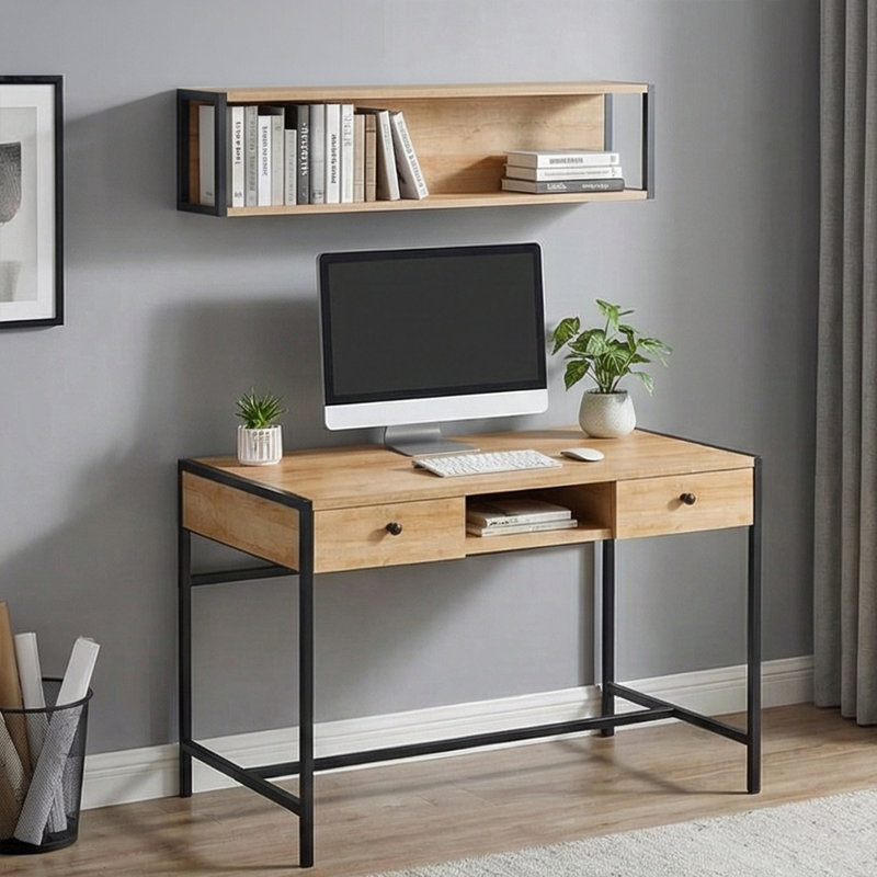 Modern Study Desk with Wall Shelf & 2 Drawers, Oak & Black | 39.4 x 28.3 x 23.6 inches | 100% Melamine Coated Particle Board, Thickness: 0.7 inches | Space-Saving, Stylish Design for Home Office & Study Spaces