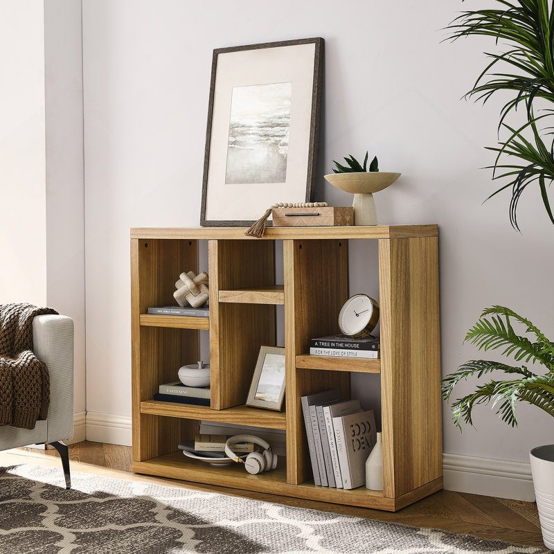 Open Wooden Open Shelf Bookcase, Freestanding Display Storage Cabinet With 7 Cube, Natural Wood