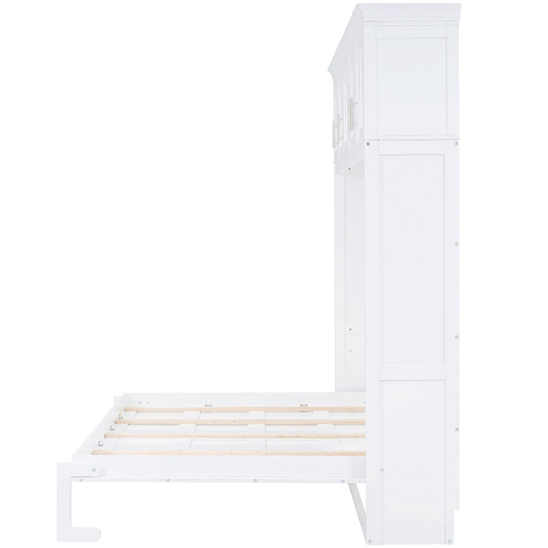 Lit double blanc avec espaces de rangement d'armoire, Comfort In Small Home Dwellings, mur à mécanisme à double piston - conception inspirée, espaces de bureau peu encombrants, support de matelas flexible