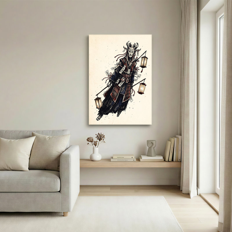 Art japonais sur toile, masque japonais démon avec lanternes et talisme, 24"H x 16"W