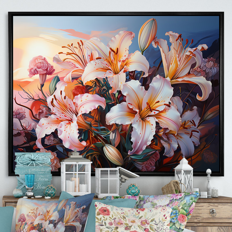 Succulent Sunset Lilies - reproduction sur toile, H 24 po x l 32 po x P 1 po, Cadre flottant noir