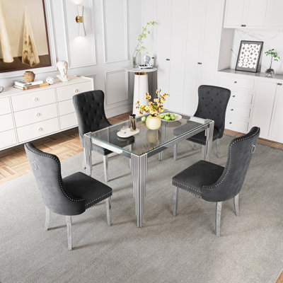 5 Piece Dining Table Set,80.71” Rectangular Glass Dining Table And 4Luxurious Velvet Chairs