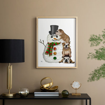 Christmas English Bulldogs Building Snowman Framed Print - Solid Wood