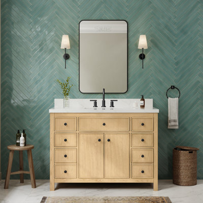 Meuble-lavabo simple 48 po Rian en chêne scandinave, comptoir en quartz Giotto, lavabo carré encastrable (3 trous), garniture noir mat