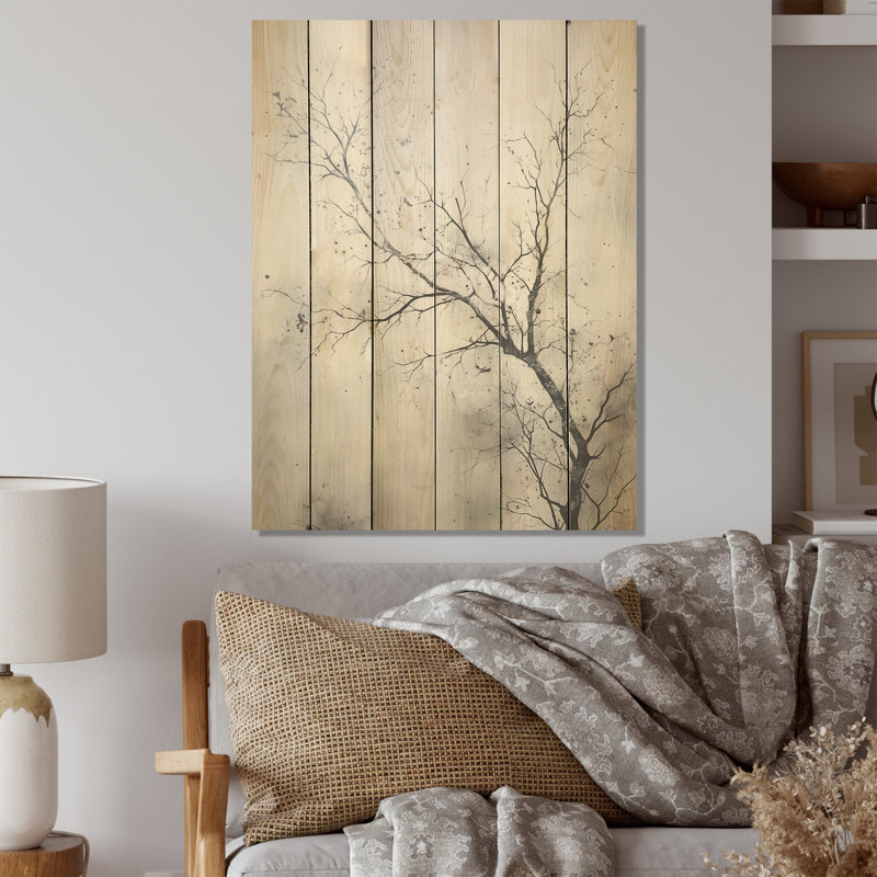 Minimalisme, oiseaux monochromes sur une branche, art mural panneau d'arbres sur bois de pin naturel, H 20 po x l 10 po