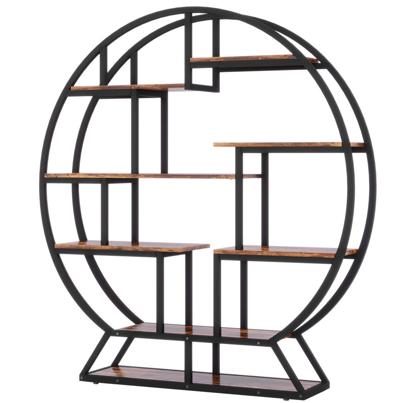 Round Bookshelf, 63 Inch Etagere Bookcase with Staggered Shelves