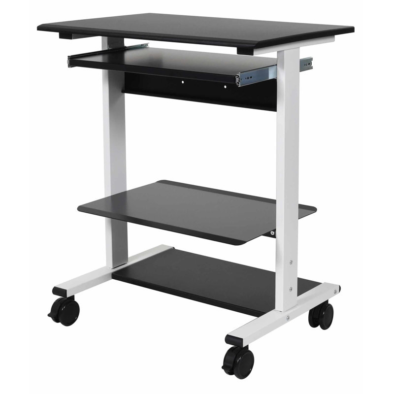 White Adjustable Height Standing Desk with Keyboard Tray and Printer Shelf