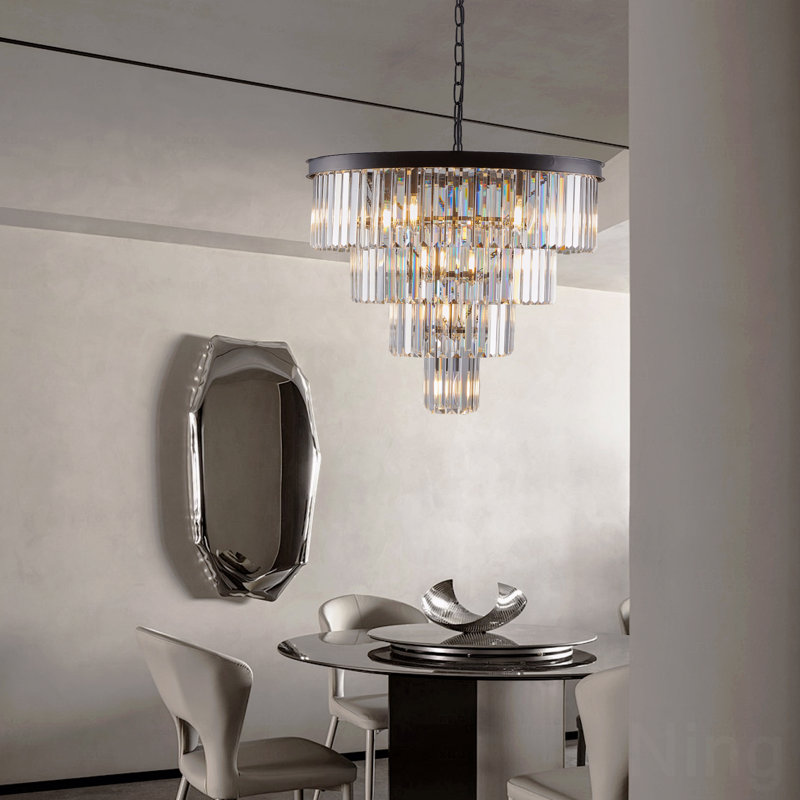 Lustre en cristal de style contemporain moderne de 24 po de diamètre à 4 niveaux avec éclairage au fini noir