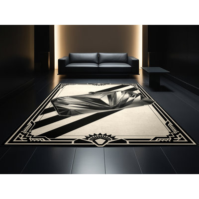 Tapis beige lavable à la machine à motif géométrique art déco Bishopston