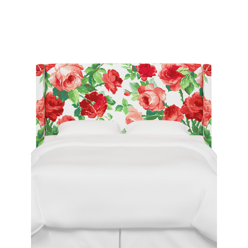 Hudson Upholstered Wingback Headboard, Twin, Scm Cabbage Rose Coral Ivory Linen
