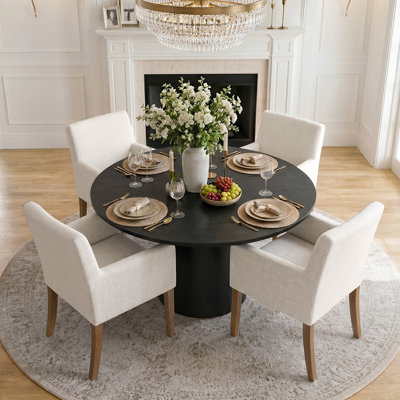 Ensemble de table de salle à manger pour 4 personnes avec table ronde unie et 4 fauteuils rembourrés en tissu