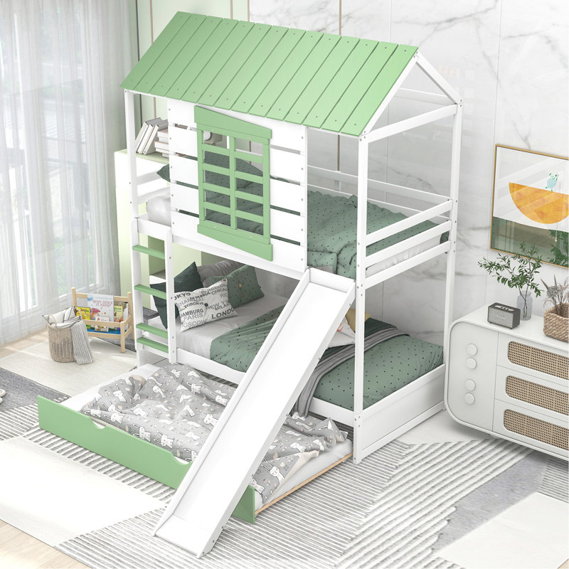 Lit superposé simple au-dessus de simple avec glissière convertible et lit gigogne, blanc et vert