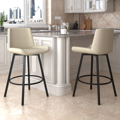 Glazier Modern Faux Leather And Metal 26" Counter Stool With Swivel, Set Of 2 - Vintage Ivory And Black