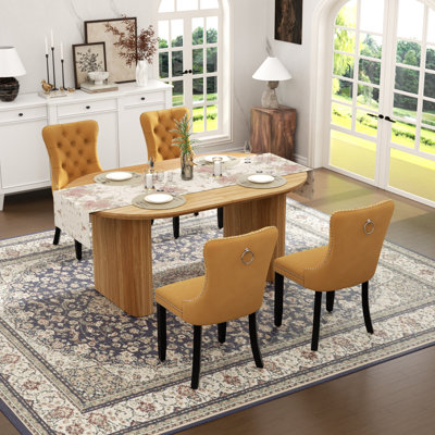Wooden Farmhouse Dining Table Set, Rectangle Extendable Dining Table with Tufted Velvet Dining Chair for Dining Room