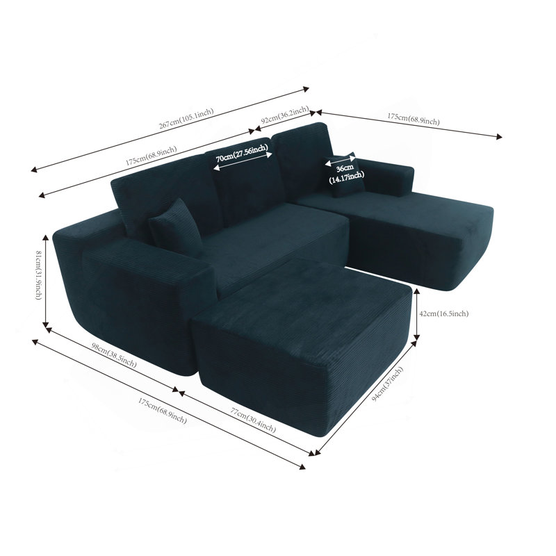 Canapé modulaire 105,7 po avec méridienne en forme de U, canapé modulaire moderne avec assise profonde, canapé rembourré pour chambre à coucher de salon, sans assemblage requis, (tissu velours côtelé), noir