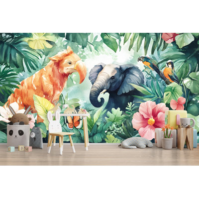 Murale Jungle Safari - Forêt tropicale avec perroquet exotique, éléphant et fleurs - Papier peint safari pour chambre d'enfant - Peler et coller écologique