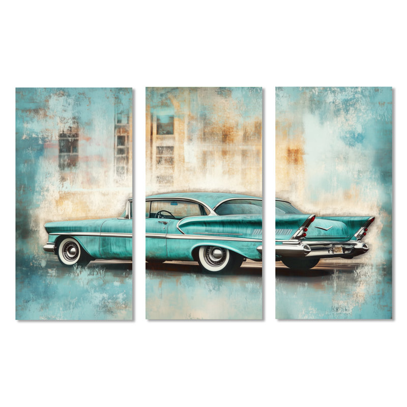 «Teal Classic Car Drive I», art mural encadré à 3 panneaux rétro, H 40 po x l 60 po, Toile tendue