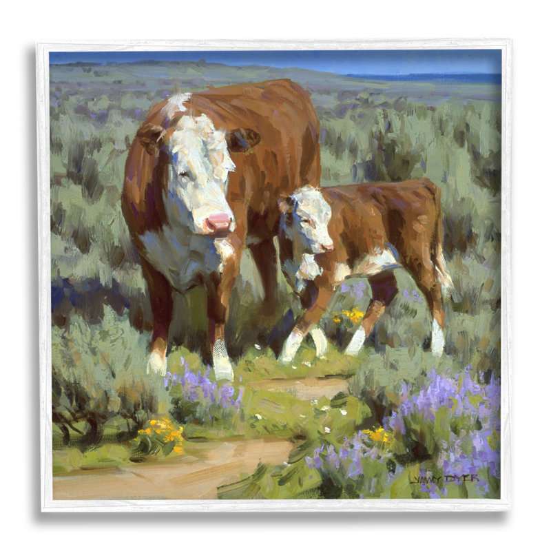 Bétail dans un pré luxuriant encadré sur bois par Jimmy Dyer, peinture, H 24 po x l 24 po x P 1,5 po