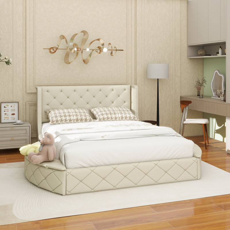 Lit plateforme tapissier en velours avec tête de lit à oreilles, 1 grand tiroir et 2 tabourets de rangement latéraux (beige)
