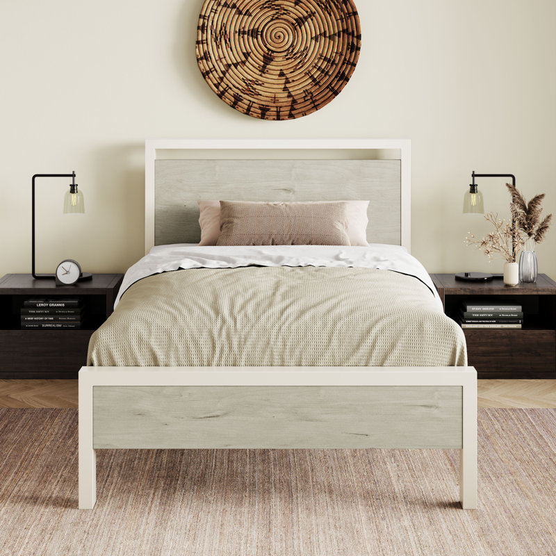 Base de lit plateforme en métal avec tête de lit et pied de lit en bois Minas, Double, Chêne gris cendré