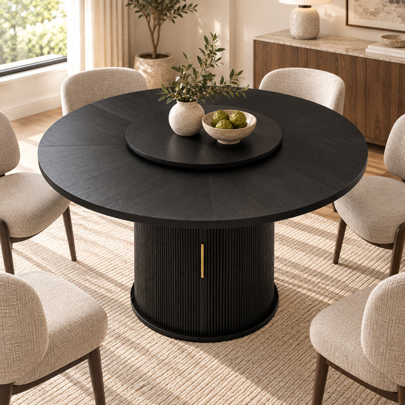 Table de salle à manger ronde de 55 pouces pour 6 personnes, table de cuisine de ferme moderne avec support de rangement à deux niveaux, plateau de table rotatif, portes coulissantes ondulées et grain de bois pour la salle à manger et le salon