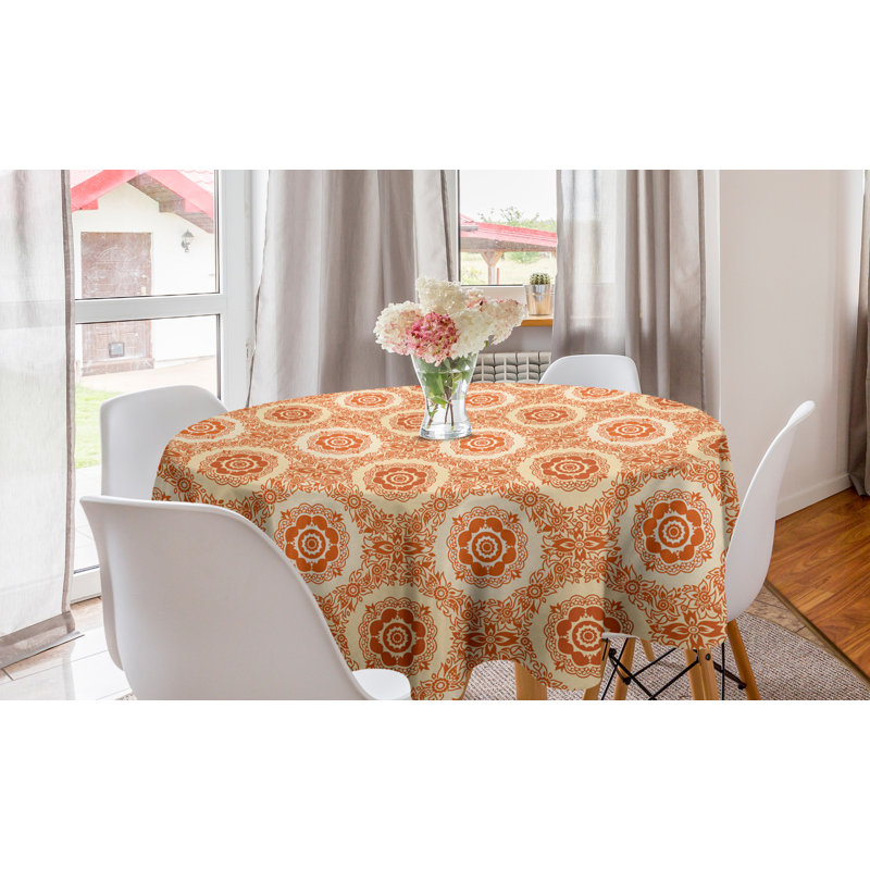 Ambesonne Orange And Beige Round Tablecloth, Ornamental Baroque Leaves And Flowers Victorian Vintage Pattern, Circle Table Cloth Cover For Dining Room Kitchen Decoration, 60", Orange And Beige