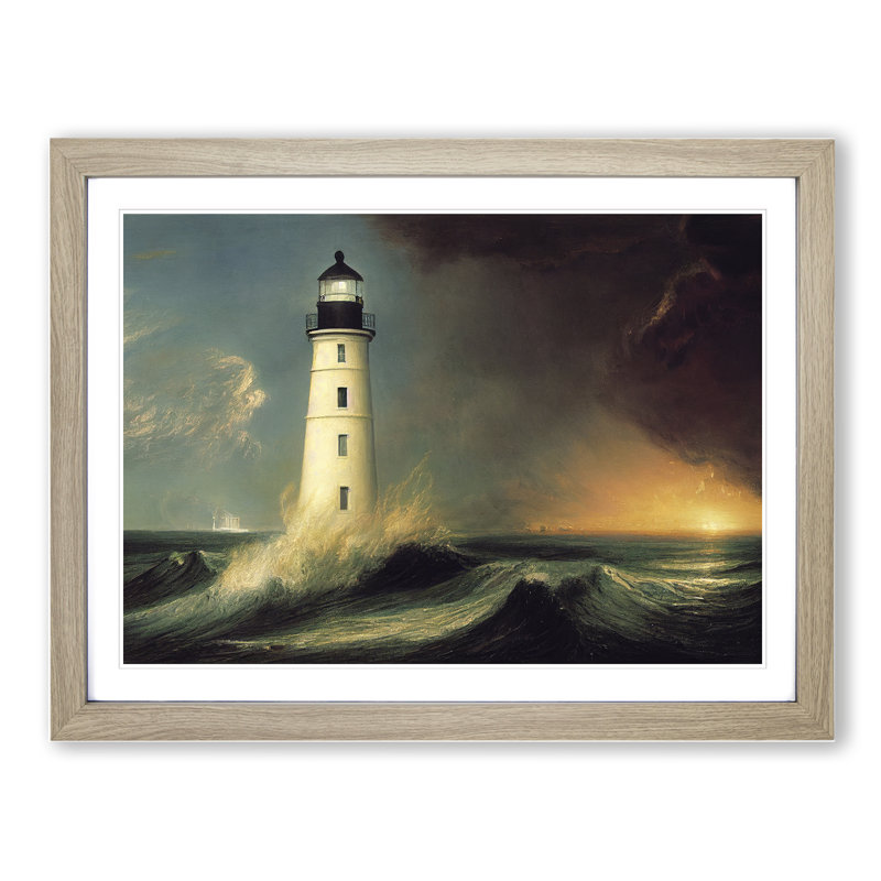 Dashing Lighthouse Seascape - Framed Print, 34cm H x 46cm W x 2cm D, Oak