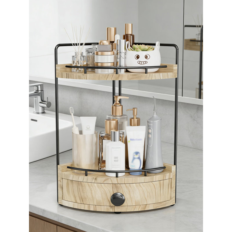 Organisateur de comptoir de salle de bain à 2 niveaux avec tiroir, tablette de meuble-lavabo en bois pour les soins de la peau, le maquillage et les articles essentiels, conception peu encombrante avec installation facile