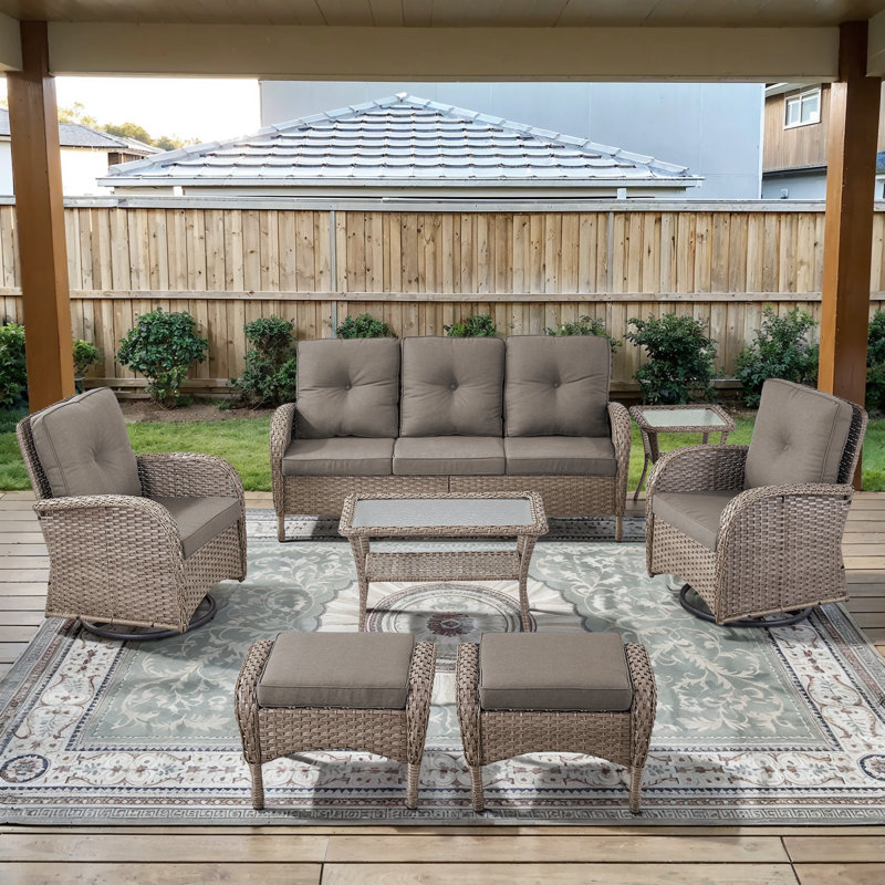 Esquer 7-Pieces Outdoor Courtyard Wicker Sofa Conversation Set With Swivel Chairs, Gray