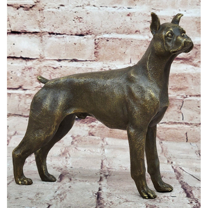 Bronze Boxer Dog Metal Statue Sculpture 8" x 9"