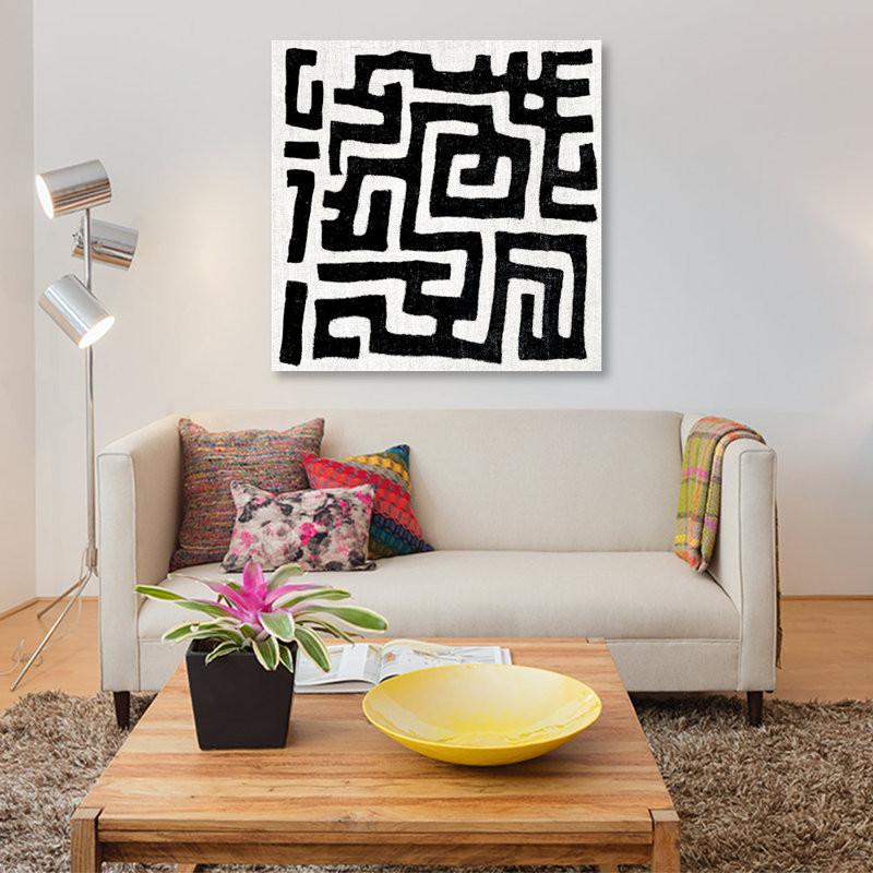 «Mudcloth White Geometric Design I», impression sur toile, H 48 po x l 48 po x P 1,5 po, Toile tendue, Pas de tapis