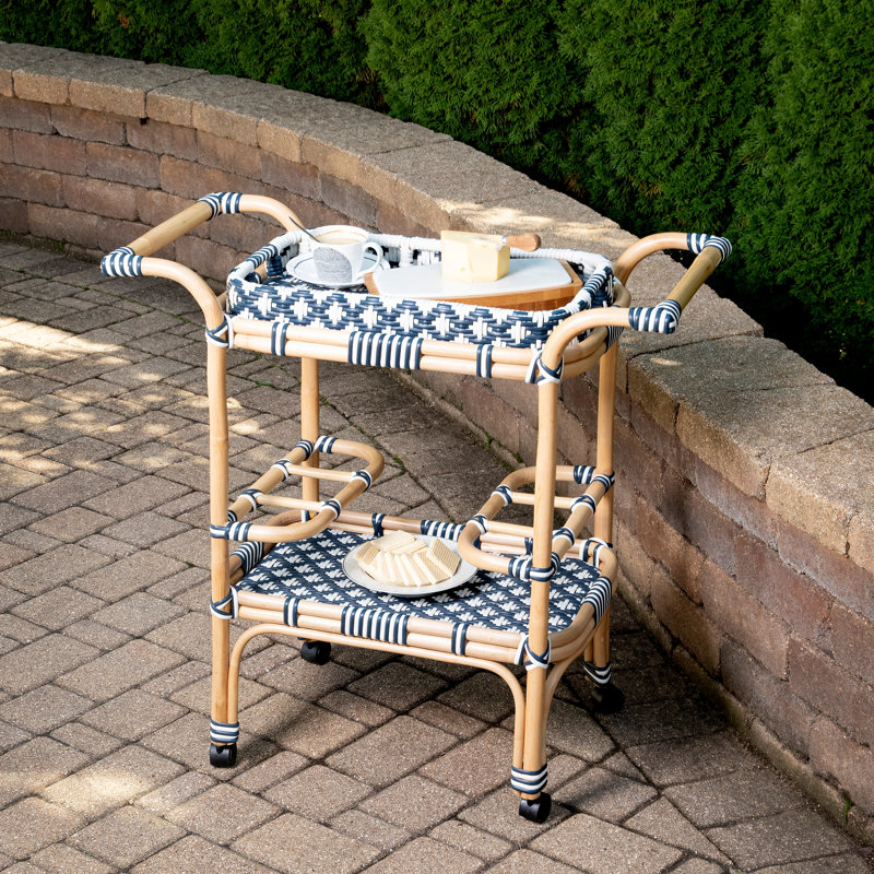 Selena & Rattan Bar Cart, Blue/white