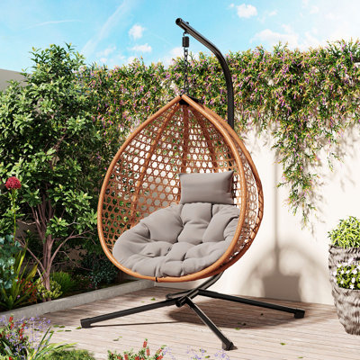 Sturdy Hammock Chair With Stand, Durable Hanging Egg Chair With Rattan Weaving ,Comfortable Indoor Outdoor Swing  Chairs With Soft Removable Cushion,Suitable For Balcony, Bedroom,Or Garden