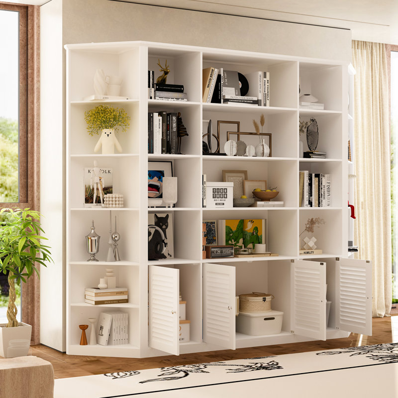 78.7''H X 78'' W White Symmetrical Combination Bookcase With 3-Cabinet And Louvered Doors
