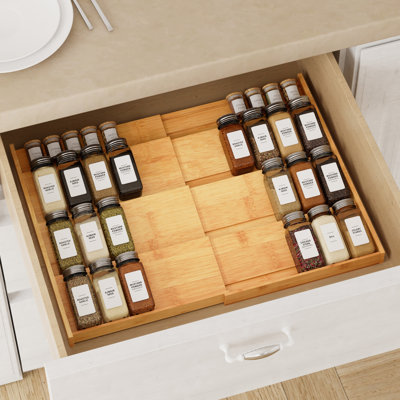 Bamboo Spice Drawer Organizer - Expandable 4-Tier Rack for Cabinet, Kitchen Seasoning Storage Insert, Fits 3" Deep Drawer, Jars Not Included