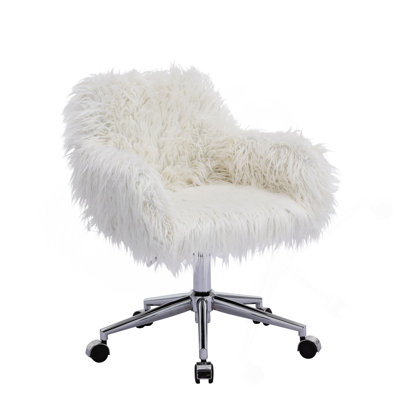 Hengming Modern Faux Fur Home Office Chair, Fluffy Chair For Makeup Vanity Chair With Gold Plating Base