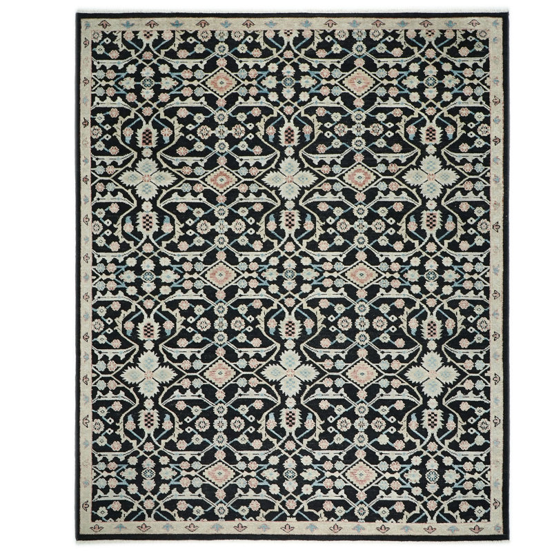 Tapis transitionnel noir en laine noué à la main 12 pi 1 po x 14 pi 10 po
